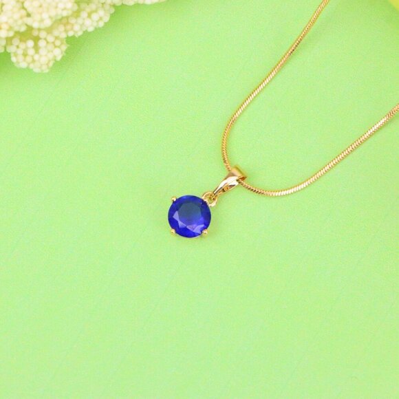 "Round Blue Stone Pendant in Gold Plated Brass – Dainty Everyday Charm, XPPT1758 - Picture 2 of 13